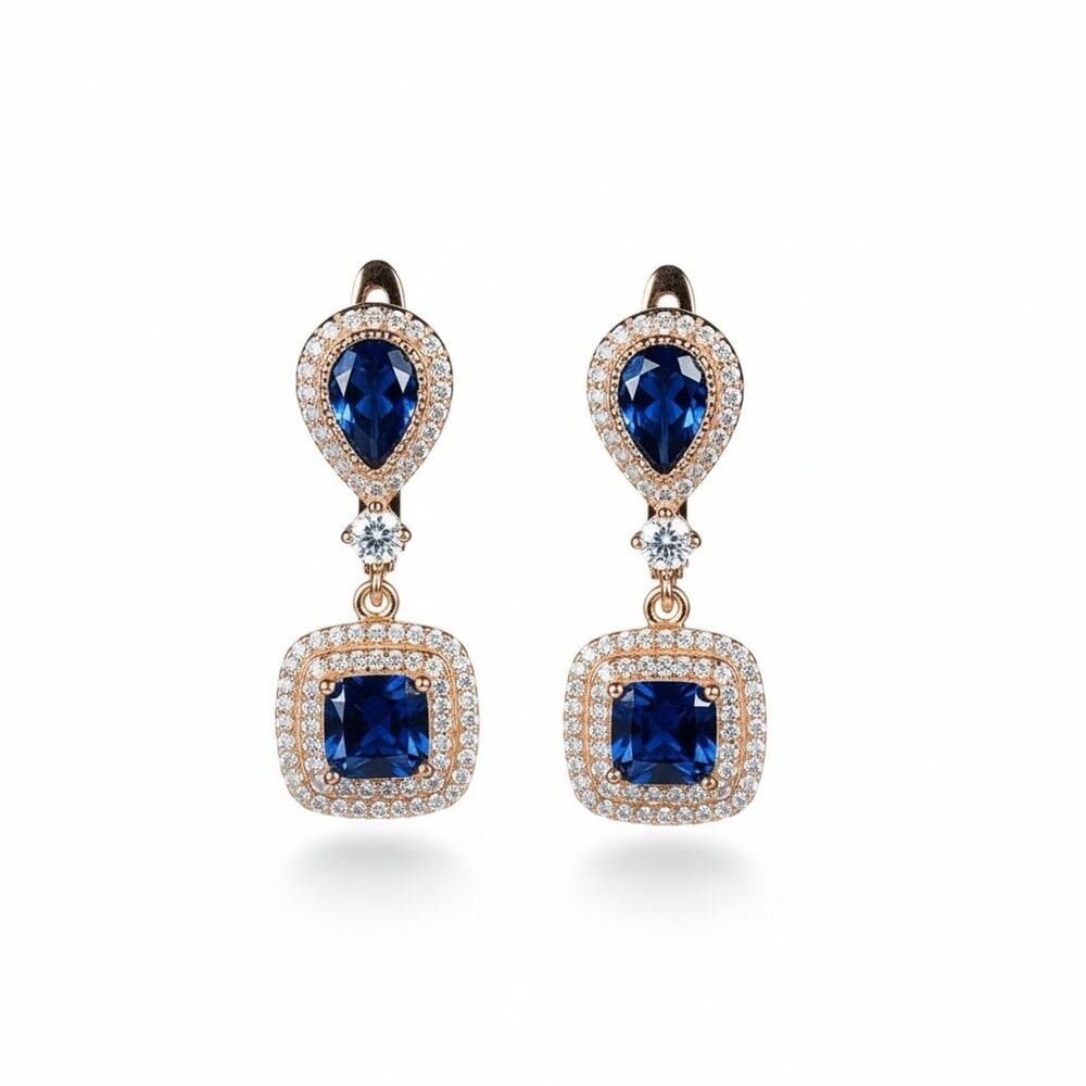 Solid Rose Gold Over 925 Sterling Silver Natural Blue Sapphire Dangle Earrings